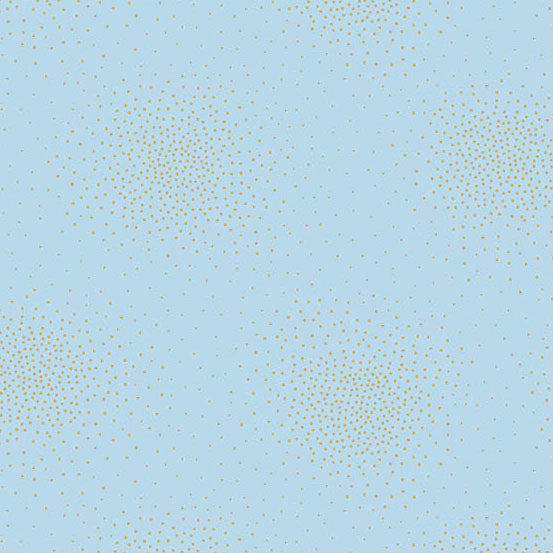 Light blue fabric repeating pattern of small gold halftone dots arranged in circular clusters on quilting cotton