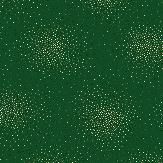 A dark green cotton fabric featuring a repeating design of small, gold metallic dots arranged in circular and spiral clusters.