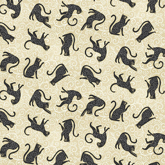 Pattern of black cat silhouettes on a beige background with metallic scroll designs