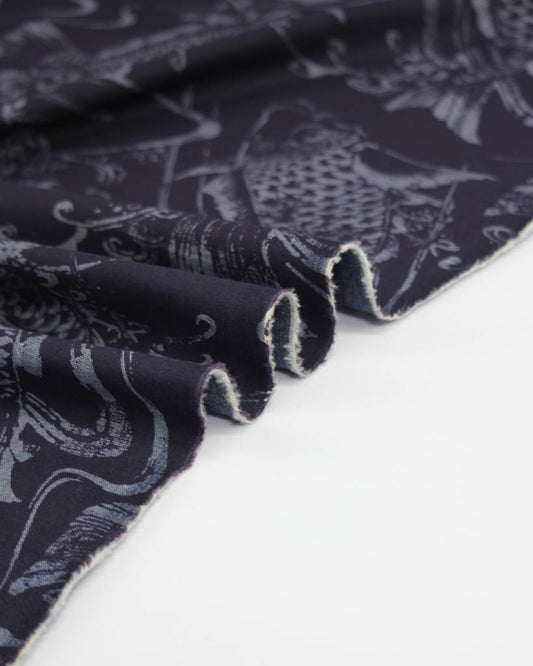 Navy blue linen and cotton fabric with a koi fish pattern