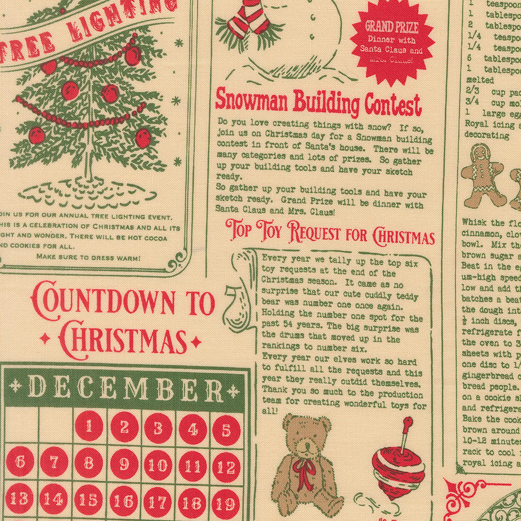 Vintage-style Christmas-themed quilting cotton with countdown calendar, tree, and snowman building contest text.