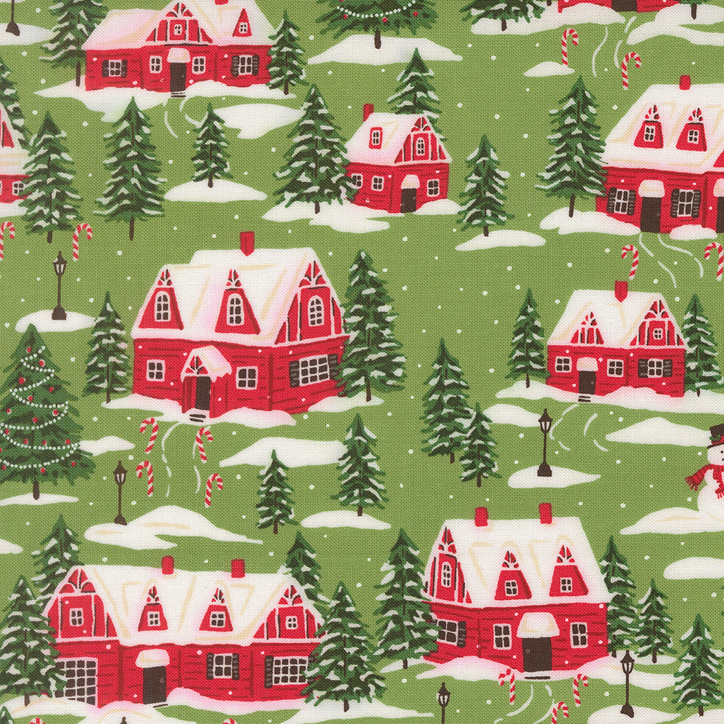 Pattern of red houses, green trees, and candy canes on a green quilting cotton