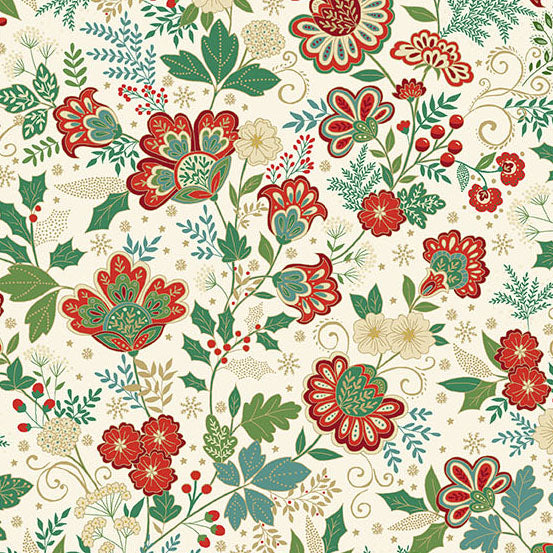 Pattern of red and green Christmas flowers on a cream quilting cotton