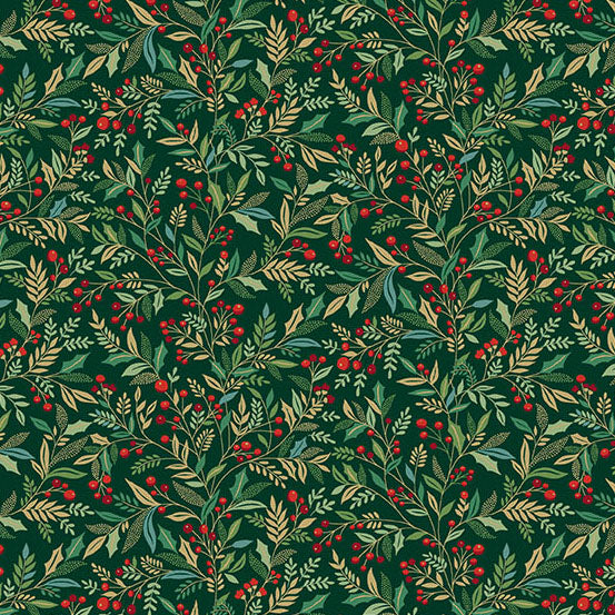 Pattern of green holly leaves and red berries on a dark green quilting cotton