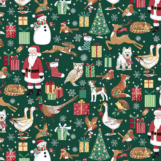 Christmas-themed pattern with Santa Claus, reindeer, dogs, and other festive elements on a green quilting cotton.