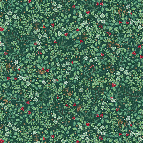 A repeating botanical pattern featuring green leaves, small red berries, white star-shaped flowers, and a few tan/orange insect details on a dark green quilting cotton
