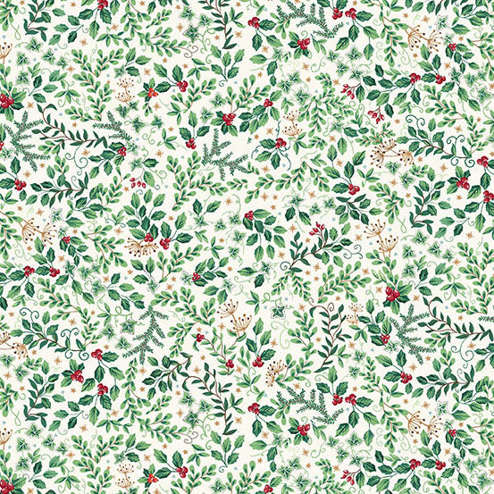 Christmas-themed pattern with green leaves, red berries, and gold accents on a white quilting cotton