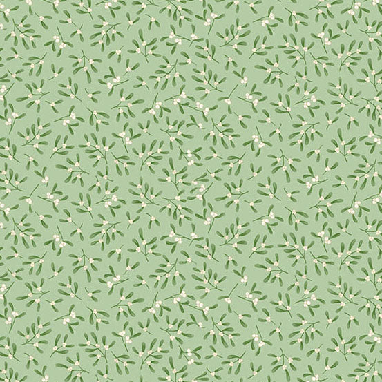 A repeating mistletoe pattern featuring small white flowers and green leaves on a soft sage green quilting cotton