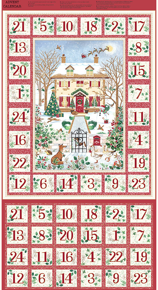 Christmas advent calendar panel with a country cottage festive scene