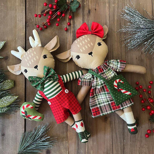 Christmas Patchwork Cotton Fabric - Holiday Cheer - Reindeer Dolls Panel