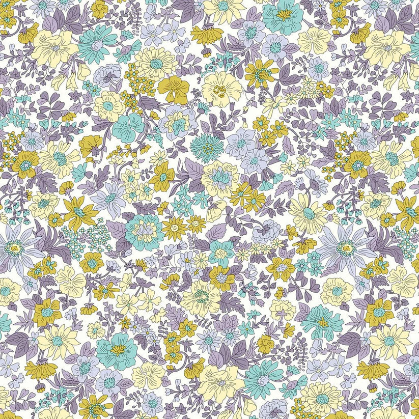 Pattern of colorful flowers in yellow, lilac, and blue with purple foliage on a white quilting cotton