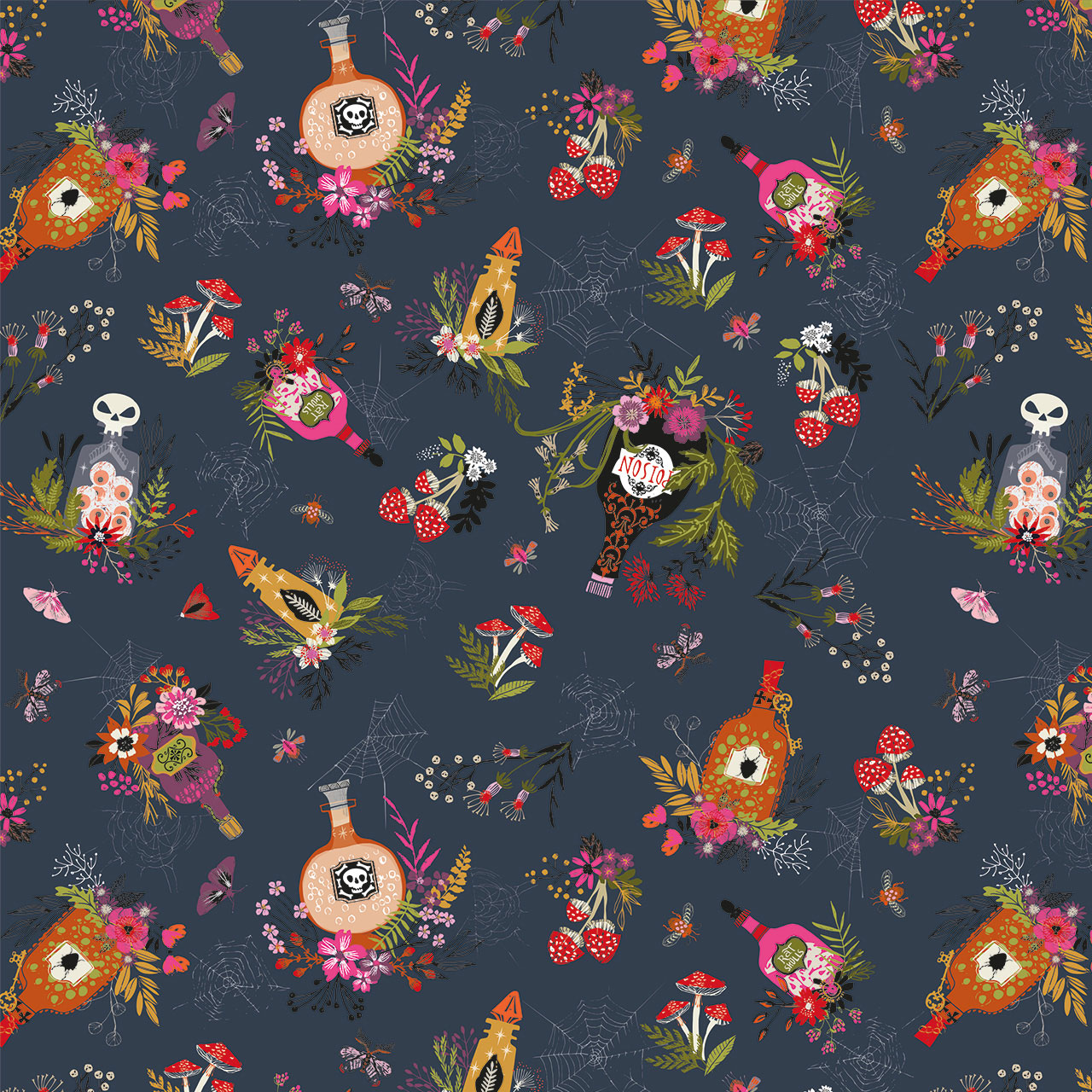 Colorful pattern of bottles, flowers, and skeletons on a dark blue quilting cotton