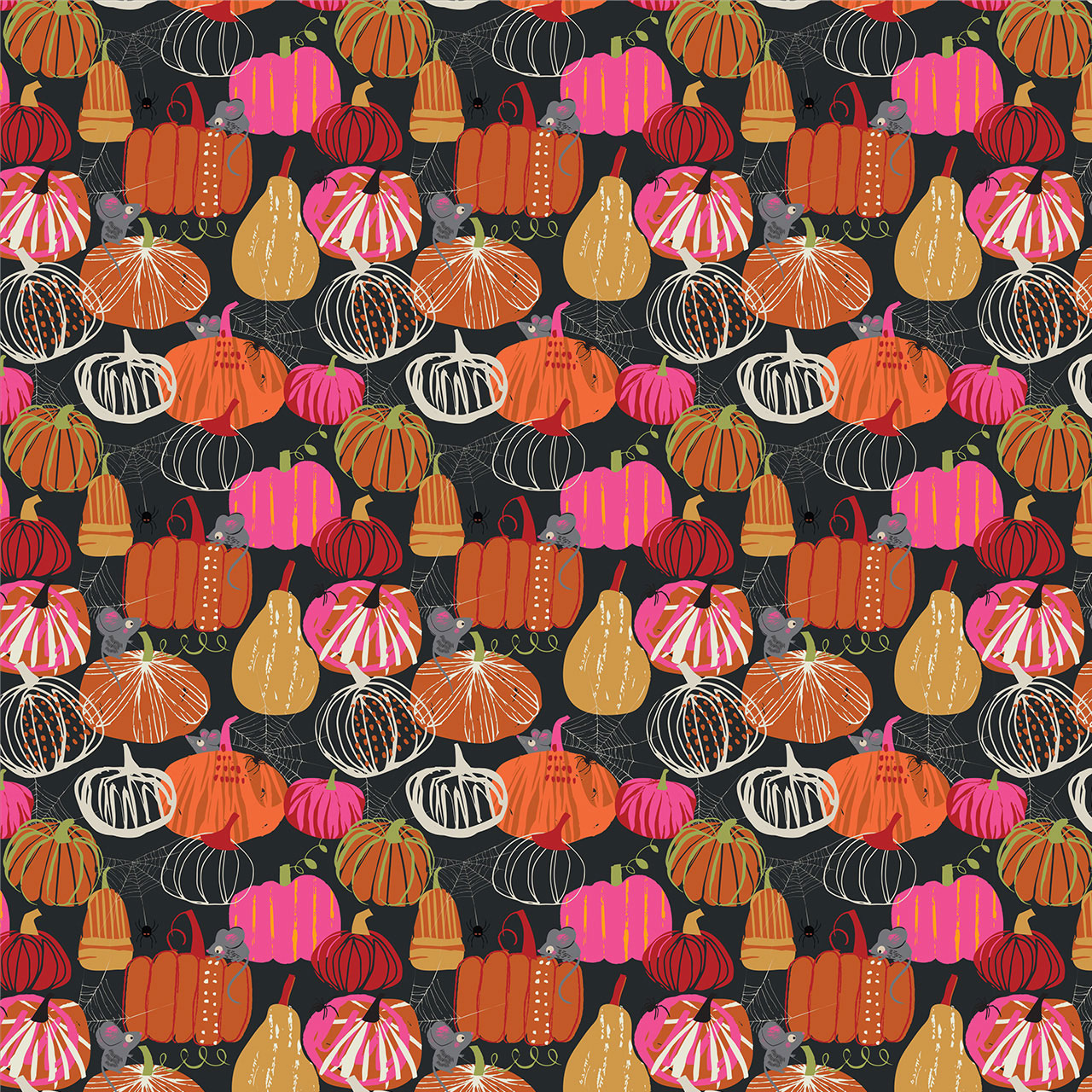 Pattern of colourful pumpkins and gourds on a black quilting cotton