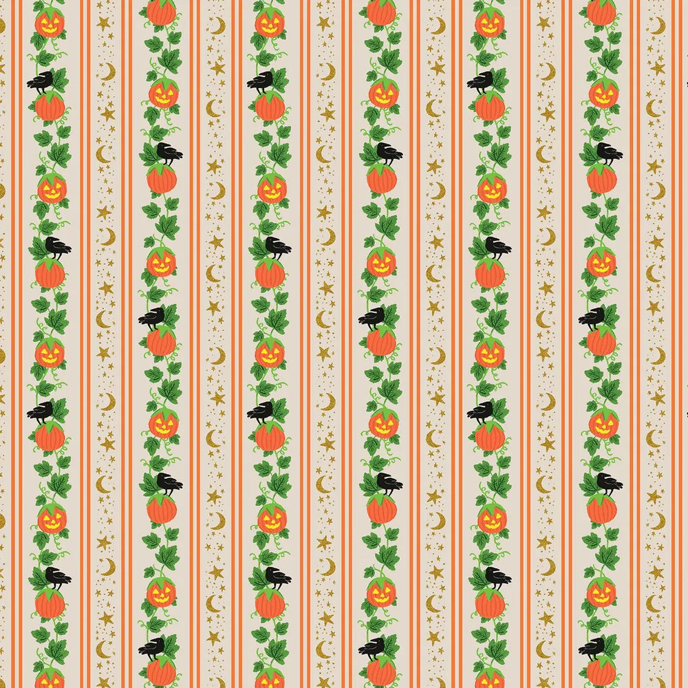 A repeating Halloween-themed pattern with vertical linen coloured stripes, orange jack-o'-lantern pumpkins on green vines, black crows, gold moons and stars on a quilting cotton.
