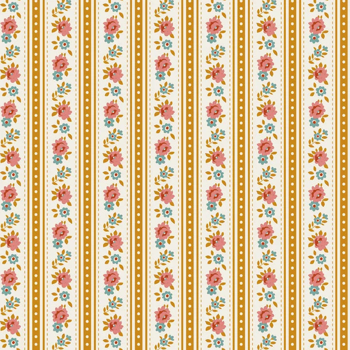 Quilting cotton featuring a pink and blue floral stripe with ochre stripes