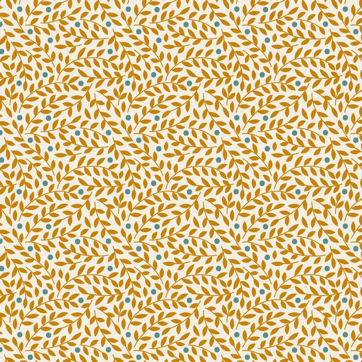 A seamless repeating pattern featuring stylized golden-brown leafy branches and small teal dots on a warm cream background.