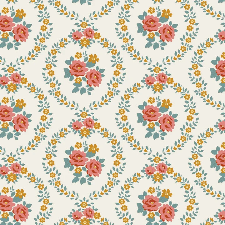 Floral wallpaper inspired design in pink, blue and yellow on a warm cream quilting cotton background