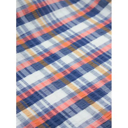 Cotton Lurex Seersucker Fabric - Coral Cove Plaid – view 2 – Truro Fabrics