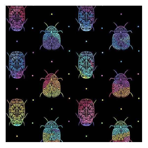 Patchwork Cotton Fabric - Rainbow Garden - Rainbow Bugs Black | Truro Fabrics