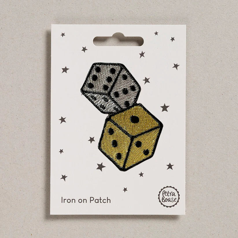 Petra Boase lucky dice iron-on embroidered patch featuring a pair of retro-style dice on presentation card.