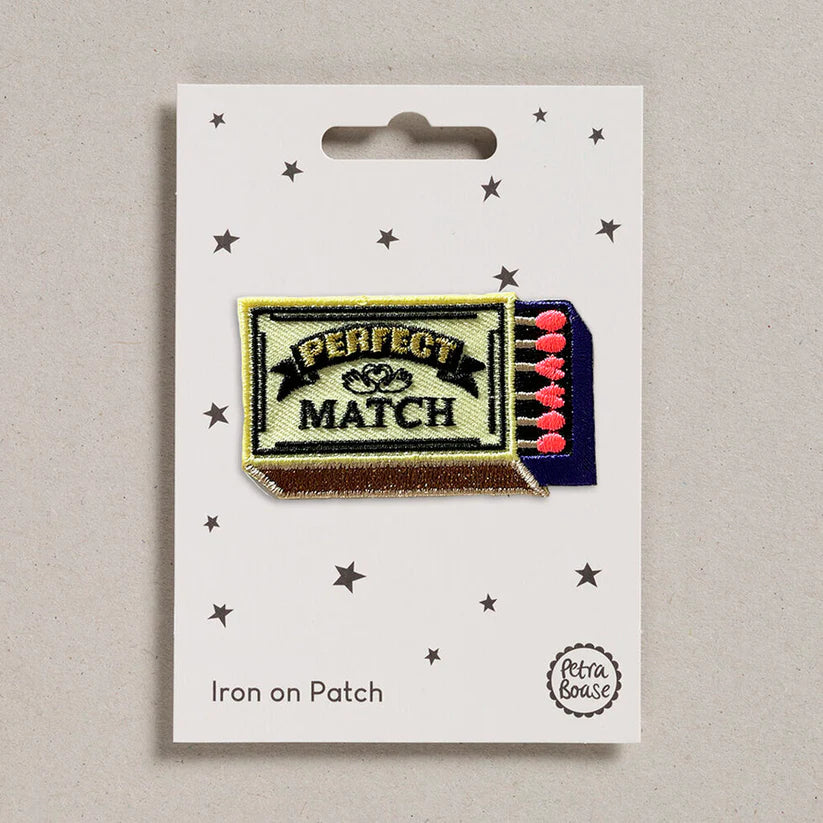 Petra Boase Perfect Match iron-on embroidered patch featuring a vintage matchbox design with colourful matches on presentation card.
