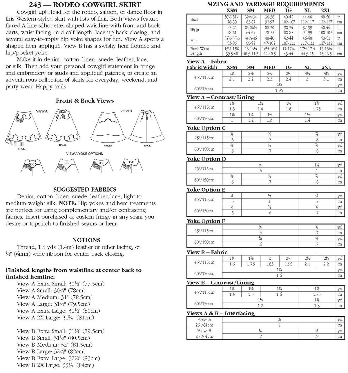Photo of back cover shows size and yardage chart. Includes fabric suggestions and description.