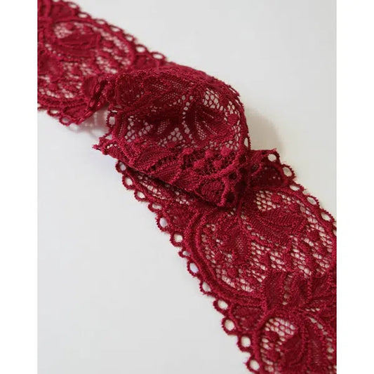 Stretch Lace Trim - 65mm - Bordeaux – view 2 | Truro Fabrics