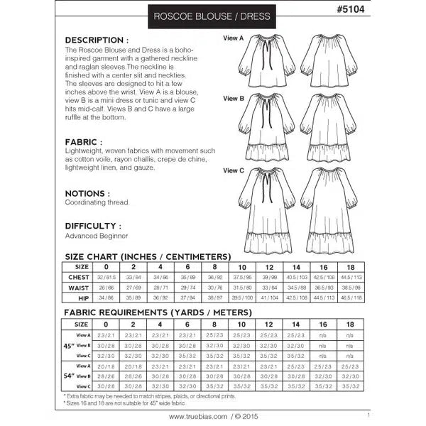 True Bias - Paper Sewing Pattern - Roscoe Blouse & Dress
