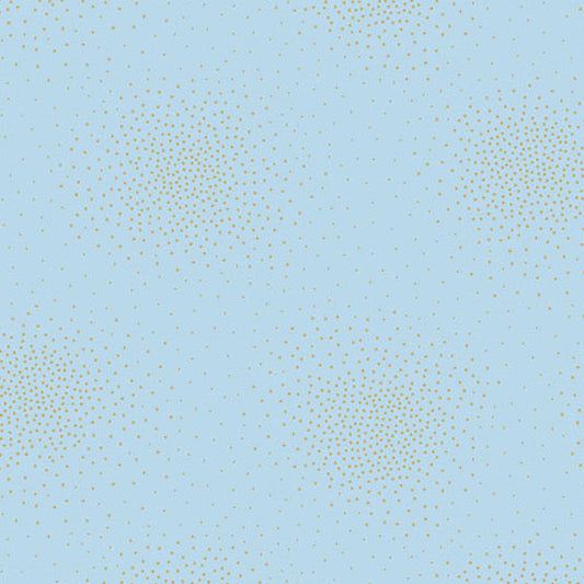 Light blue fabric repeating pattern of small gold halftone dots arranged in circular clusters on quilting cotton