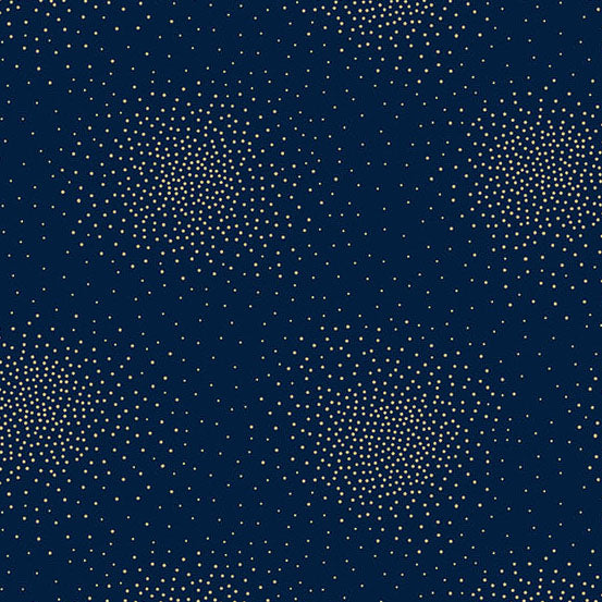 A repeating pattern of small gold metallic dots arranged in circular clusters on a dark navy blue quilting cotton