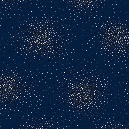 A repeating pattern of small gold metallic dots arranged in circular clusters on a dark navy blue quilting cotton