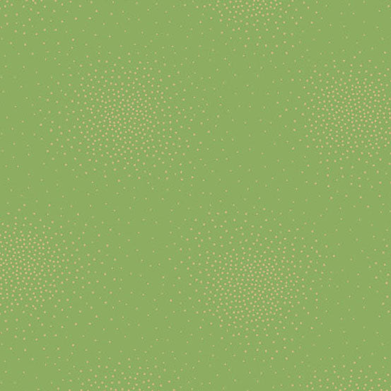 A green cotton fabric with gold metallic dots in a spray pattern