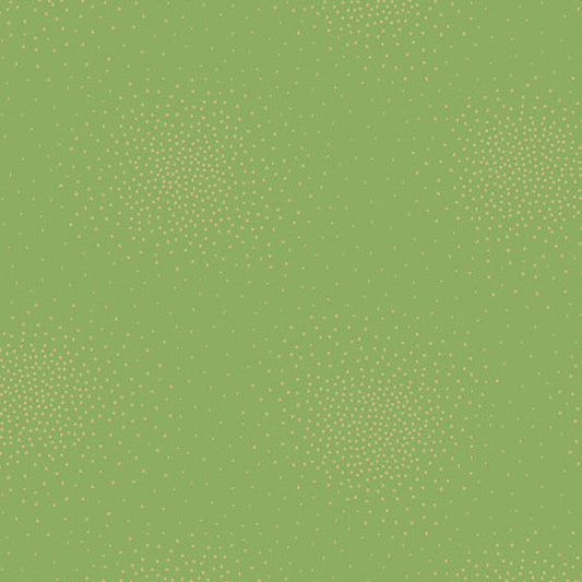 A green cotton fabric with gold metallic dots in a spray pattern