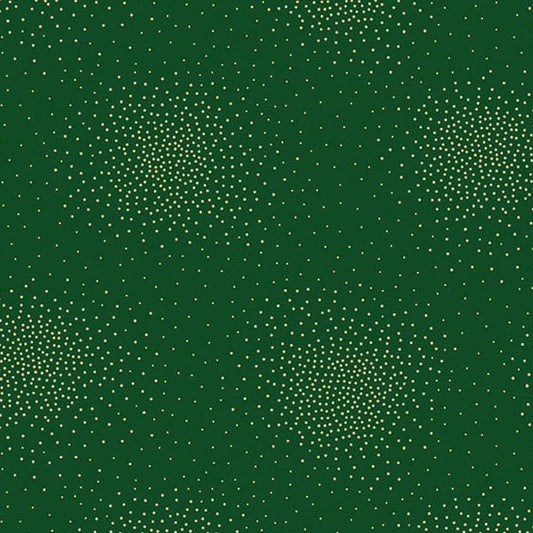 A dark green cotton fabric featuring a repeating design of small, gold metallic dots arranged in circular and spiral clusters.