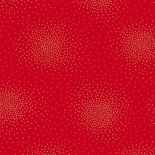 A red cotton fabric featuring small light gold dots arranged in several circular halftone clusters across the surface.
