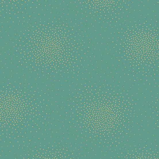 A flat sage green cotton fabric covered with many small scattered gold metallic dots, arranged in loose circular clusters.