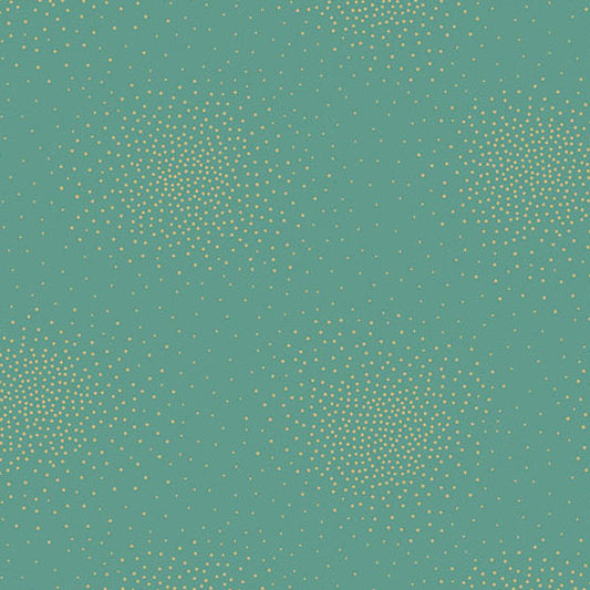 A flat sage green cotton fabric covered with many small scattered gold metallic dots, arranged in loose circular clusters.
