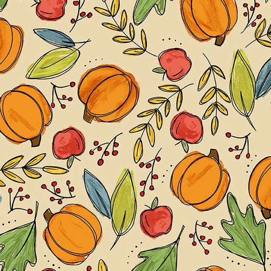 Pattern of pumpkins, leaves, and apples on a beige quilting cotton
