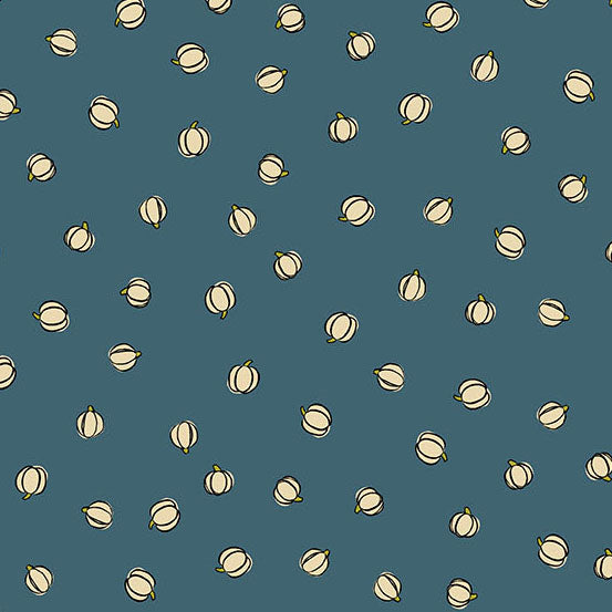 Pattern of white pumpkins on a blue quilting cotton