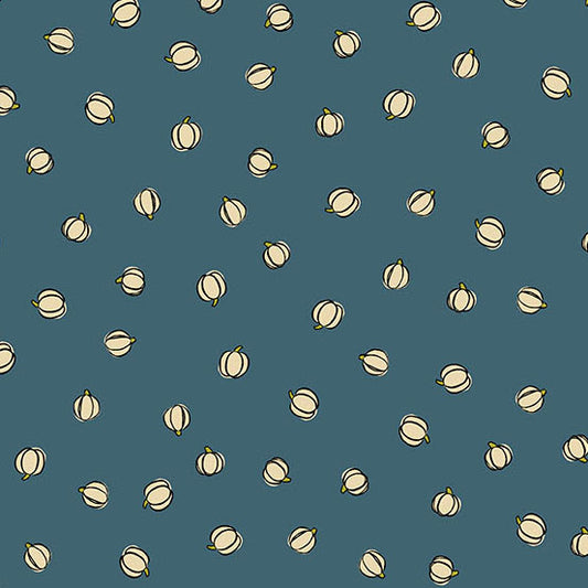 Pattern of white pumpkins on a blue quilting cotton