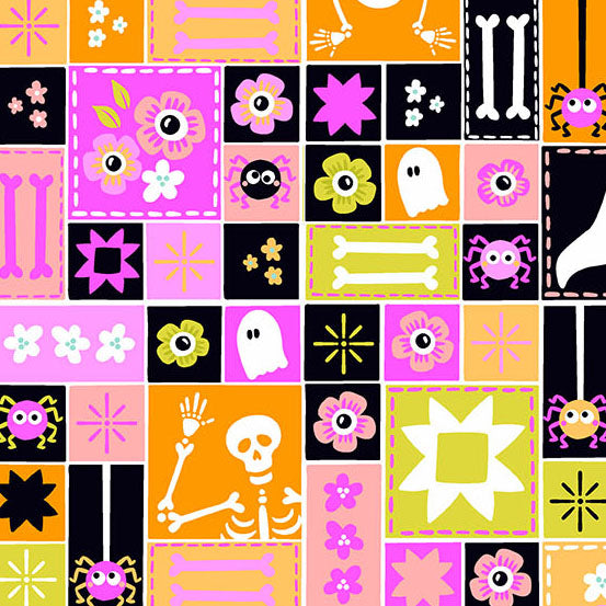 Colorful Halloween-themed quilting cotton with various symbols on a checkered background.