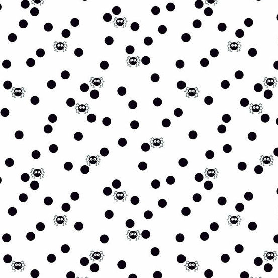 Pattern of black polka dots with small black spider illustrations on a white quilting cotton