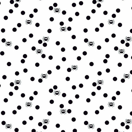 Pattern of black polka dots with small black spider illustrations on a white quilting cotton
