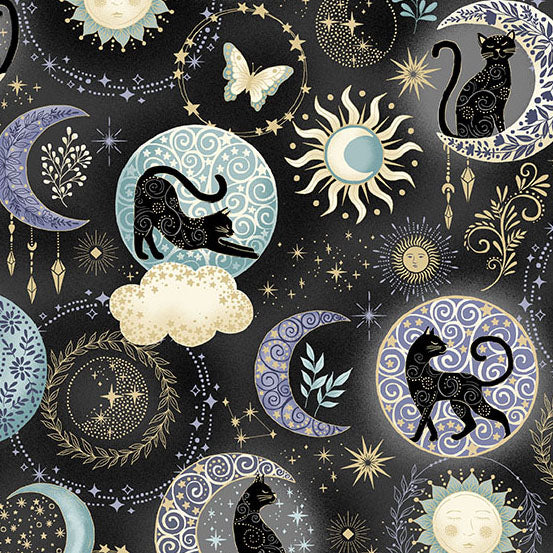 Pattern of cats, moons, suns, and stars on a black quilting weight cotton