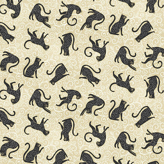 Pattern of black cat silhouettes on a beige background with metallic scroll designs