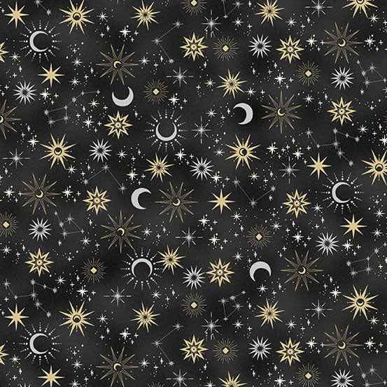 Pattern of celestial elements including stars, moons, and planets on a black quilting cotton