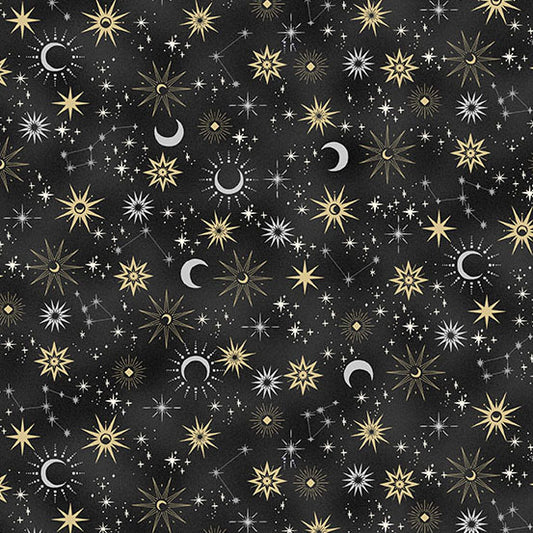 Pattern of celestial elements including stars, moons, and planets on a black quilting cotton