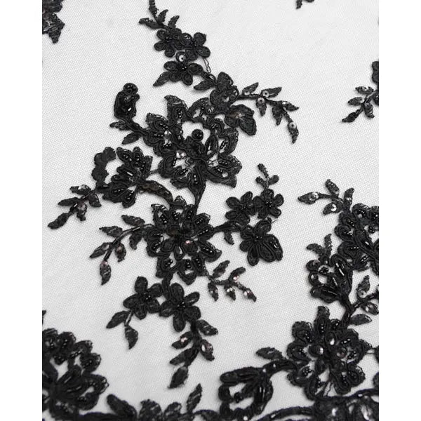 Beaded Lace Tulle Fabric - Black Floral – view 2 – Truro Fabrics