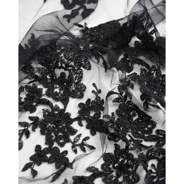 Beaded Lace Tulle Fabric - Black Floral – view 4 – Truro Fabrics