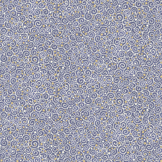 Patterned fabric with swirls and stars on a blue quilting cotton